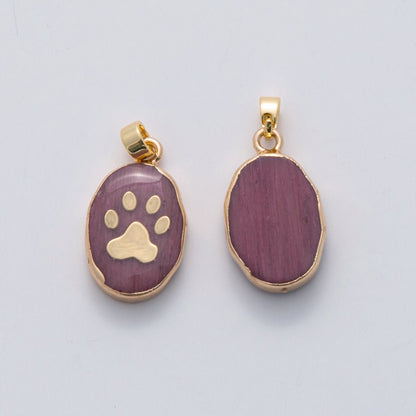 18K Gold Filled Paw Print Pink Quartz Oblong Pendant | AH694