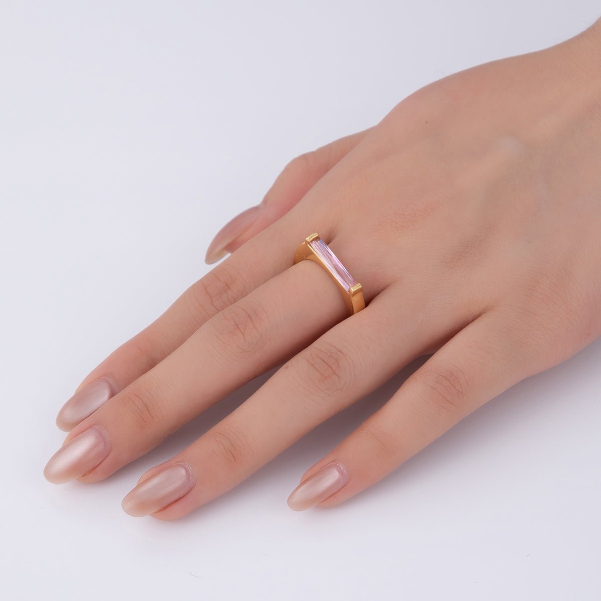 18K Gold Filled Pink Baguette Thin Signet Ring | O1741