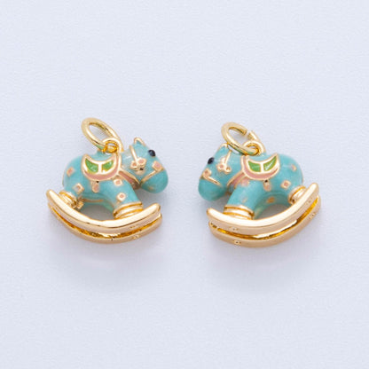 18K Gold Filled Pink, Blue Multicolor Rocking Pony Horse 3D Multidimensional Charm | AF386 AF387