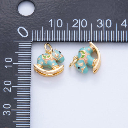 18K Gold Filled Pink, Blue Multicolor Rocking Pony Horse 3D Multidimensional Charm | AF386 AF387