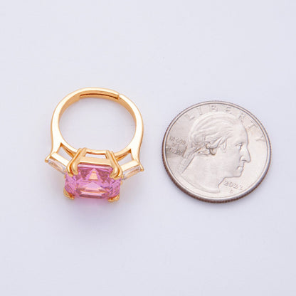 18K Gold Filled Pink, Clear CZ Baguette Square Solitaire Adjustable Ring | O811