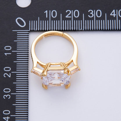 18K Gold Filled Pink, Clear CZ Baguette Square Solitaire Adjustable Ring | O811