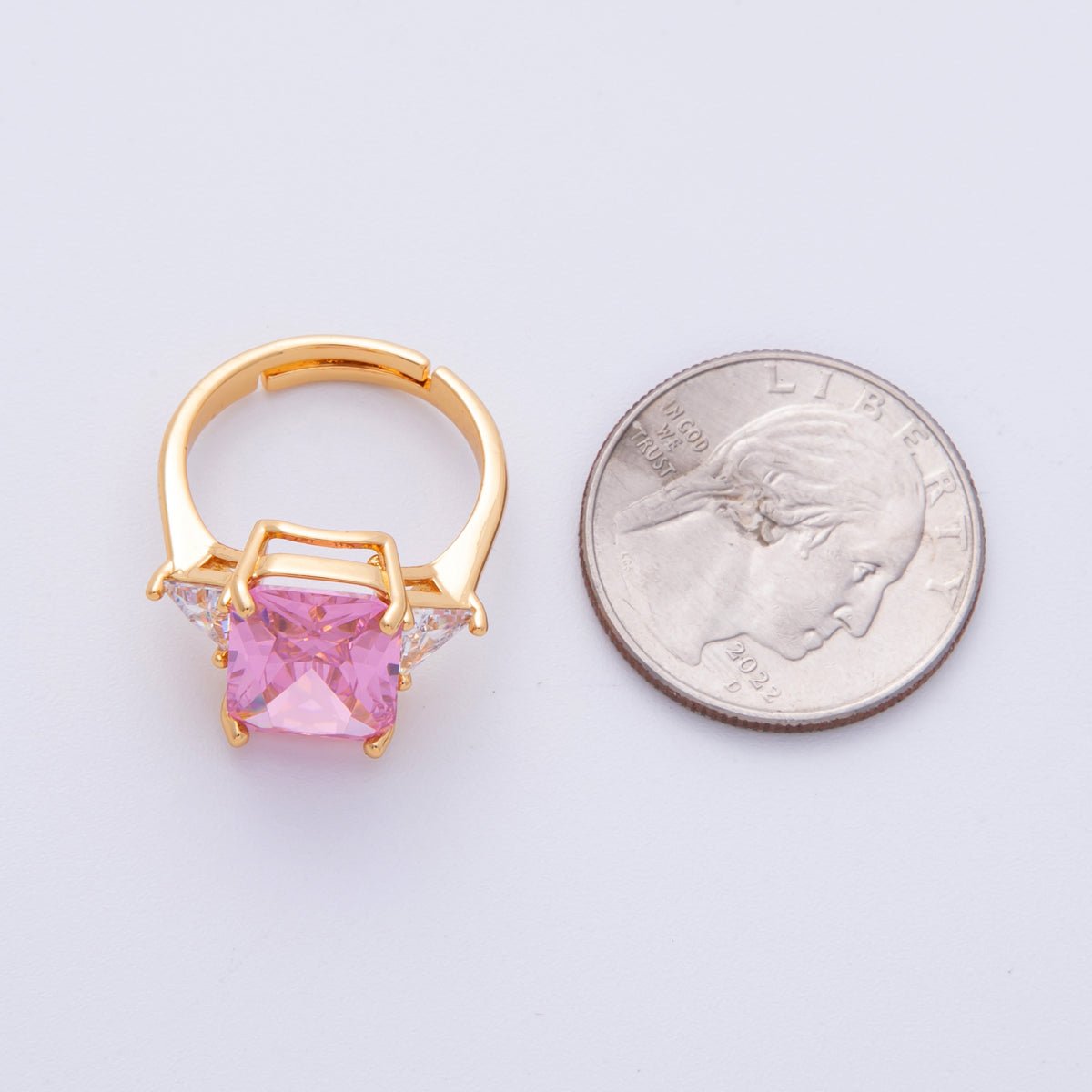 18K Gold Filled Pink, Clear CZ Baguette Triangle Solitaire Adjustable Ring | O805