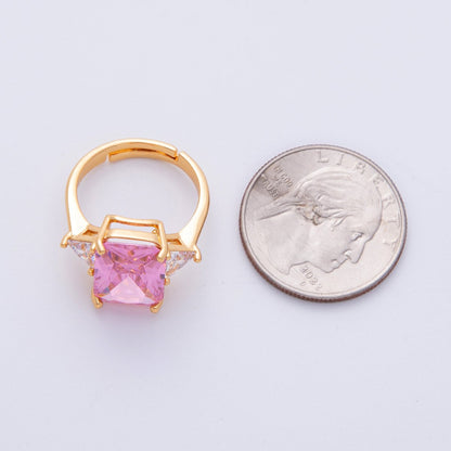 18K Gold Filled Pink, Clear CZ Baguette Triangle Solitaire Adjustable Ring | O805