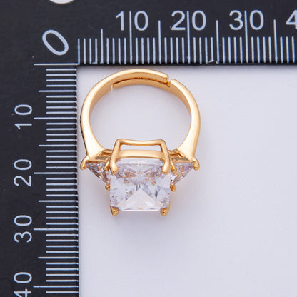 18K Gold Filled Pink, Clear CZ Baguette Triangle Solitaire Adjustable Ring | O805