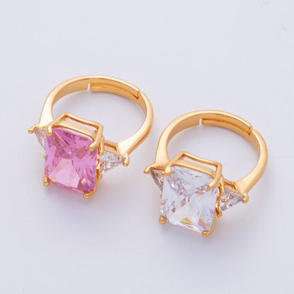 18K Gold Filled Pink, Clear CZ Baguette Triangle Solitaire Adjustable Ring | O805