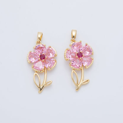 18K Gold Filled Pink, Clear CZ Flower Plant Pendant | AH778