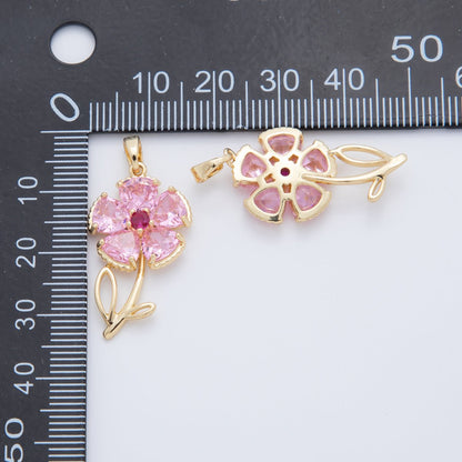 18K Gold Filled Pink, Clear CZ Flower Plant Pendant | AH778