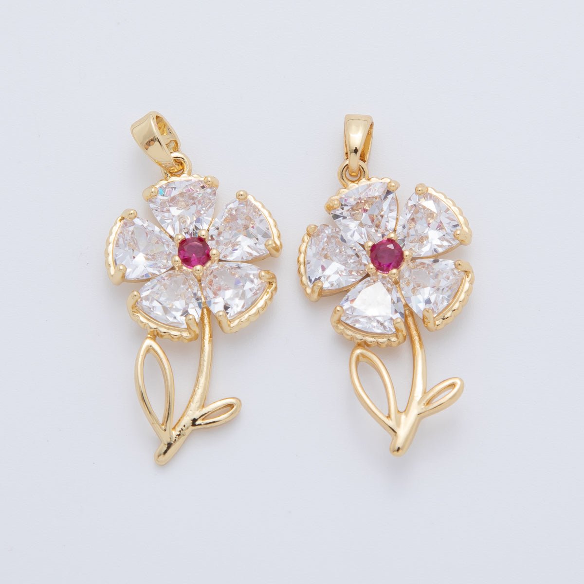 18K Gold Filled Pink, Clear CZ Flower Plant Pendant | AH778