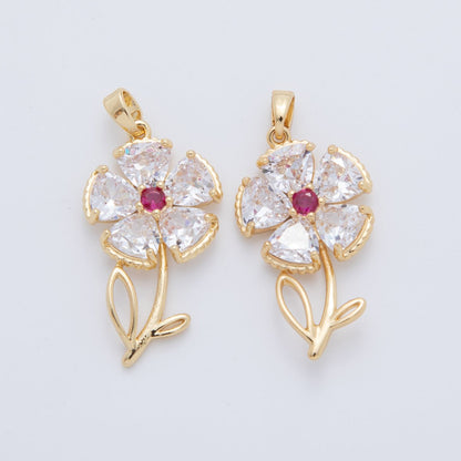 18K Gold Filled Pink, Clear CZ Flower Plant Pendant | AH778