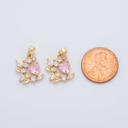 18K Gold Filled Pink CZ Heart Curved Floral Pendant | AH773