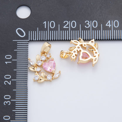 18K Gold Filled Pink CZ Heart Curved Floral Pendant | AH773