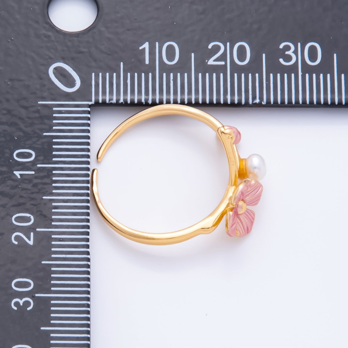 18K Gold Filled Pink Enamel Sakura Flower with Shell Pearl Adjustable Ring | O-032
