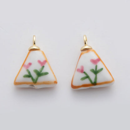 18K Gold Filled Pink Flower Doodle Rectangle Ceramic Drop Pendant | X633