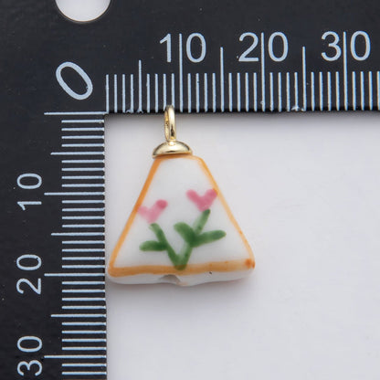 18K Gold Filled Pink Flower Doodle Rectangle Ceramic Drop Pendant | X633