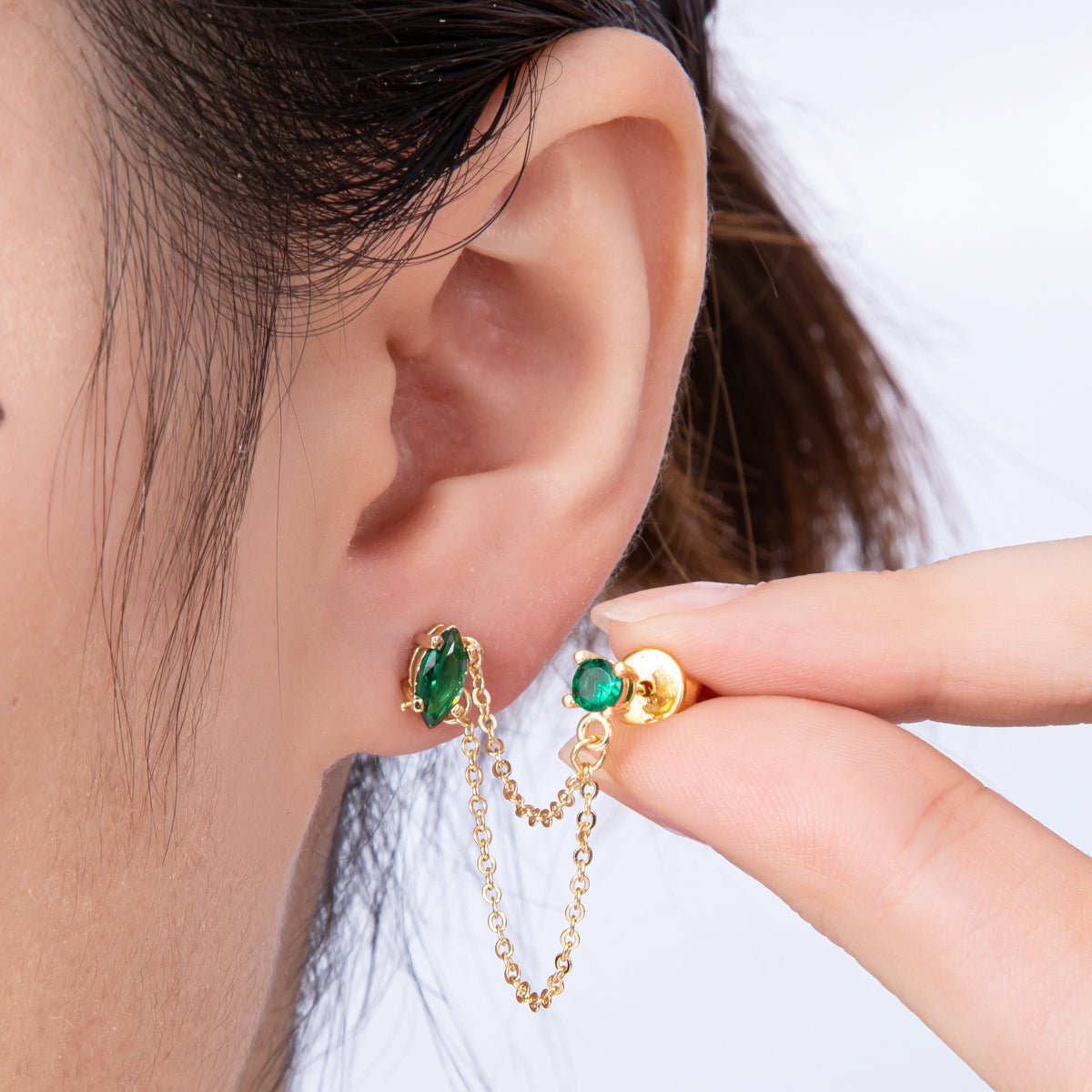 18K Gold Filled Pink, Green Round CZ Double Cable Chain Drop Studs in Gold &amp; Silver | Earrings-00205 ~ Earrings-00208