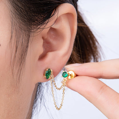 18K Gold Filled Pink, Green Round CZ Double Cable Chain Drop Studs in Gold &amp; Silver | Earrings-00205 ~ Earrings-00208