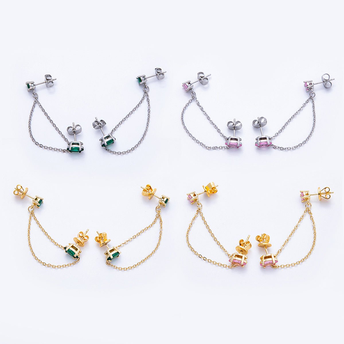 18K Gold Filled Pink, Green Round CZ Double Cable Chain Drop Studs in Gold &amp; Silver | Earrings-00205 ~ Earrings-00208