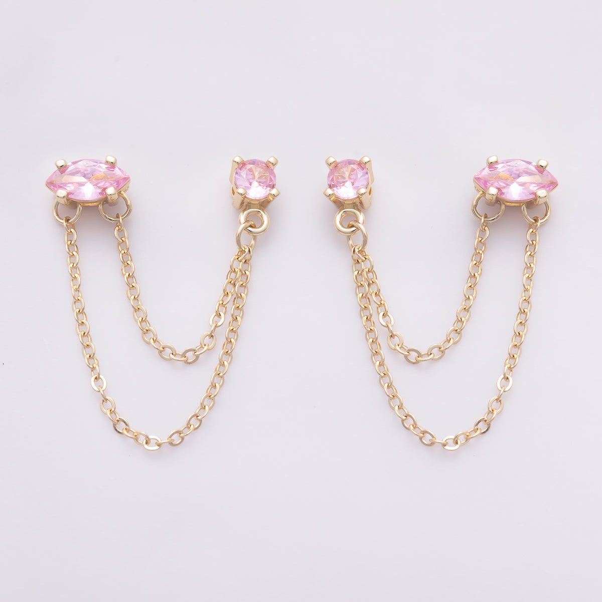 18K Gold Filled Pink, Green Round CZ Double Cable Chain Drop Studs in Gold &amp; Silver | Earrings-00205 ~ Earrings-00208