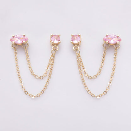 18K Gold Filled Pink, Green Round CZ Double Cable Chain Drop Studs in Gold &amp; Silver | Earrings-00205 ~ Earrings-00208