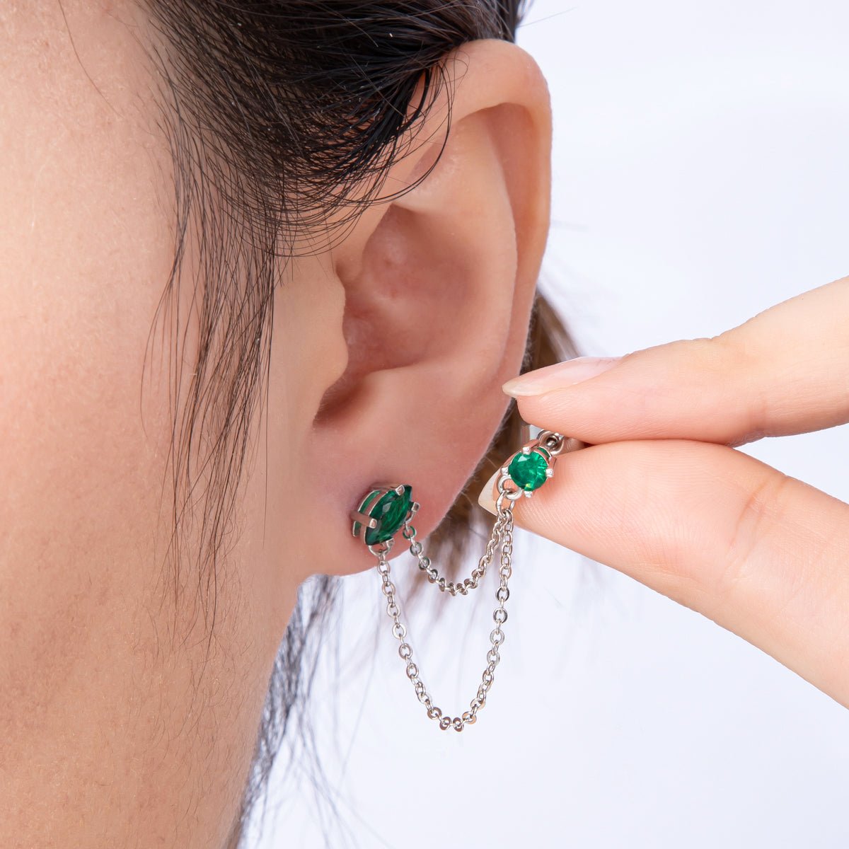 18K Gold Filled Pink, Green Round CZ Double Cable Chain Drop Studs in Gold &amp; Silver | Earrings-00205 ~ Earrings-00208
