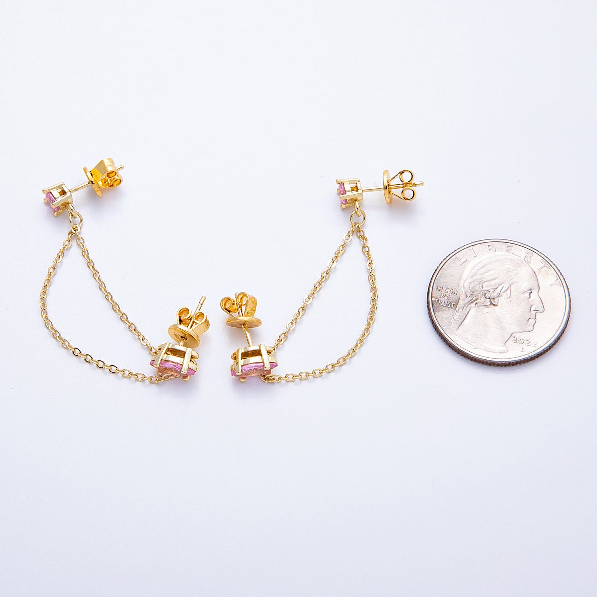 18K Gold Filled Pink, Green Round CZ Double Cable Chain Drop Studs in Gold &amp; Silver | Earrings-00205 ~ Earrings-00208