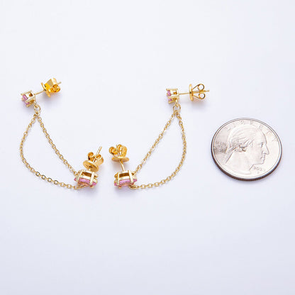 18K Gold Filled Pink, Green Round CZ Double Cable Chain Drop Studs in Gold &amp; Silver | Earrings-00205 ~ Earrings-00208