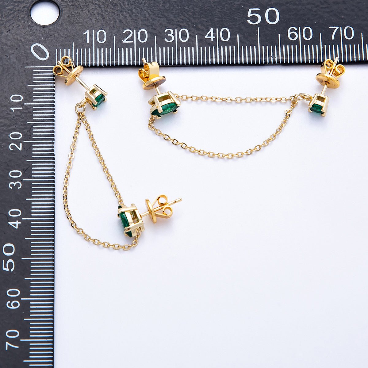 18K Gold Filled Pink, Green Round CZ Double Cable Chain Drop Studs in Gold &amp; Silver | Earrings-00205 ~ Earrings-00208