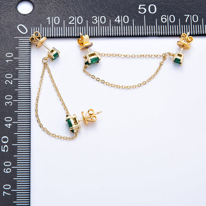 18K Gold Filled Pink, Green Round CZ Double Cable Chain Drop Studs in Gold &amp; Silver | Earrings-00205 ~ Earrings-00208