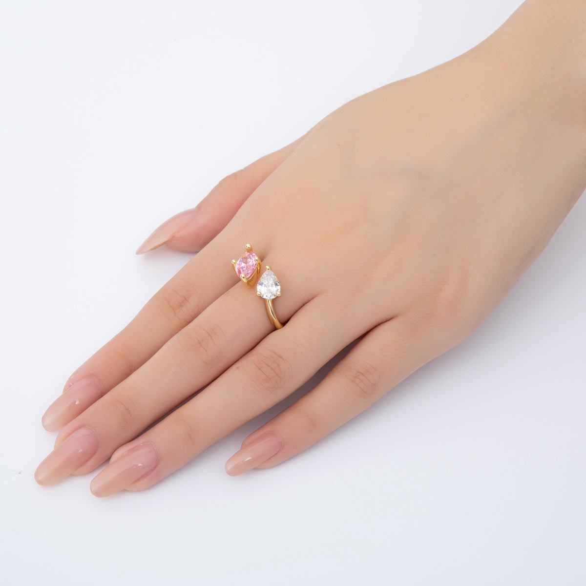 18K Gold Filled Clear, Pink CZ Marquise Teardrop Pear Shaped Wrap Adjustable Ring | O-2203