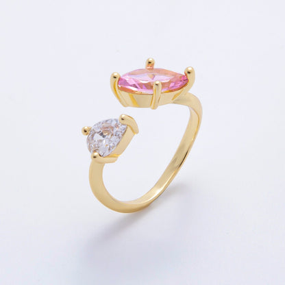 18K Gold Filled Clear, Pink CZ Marquise Teardrop Pear Shaped Wrap Adjustable Ring | O-2203