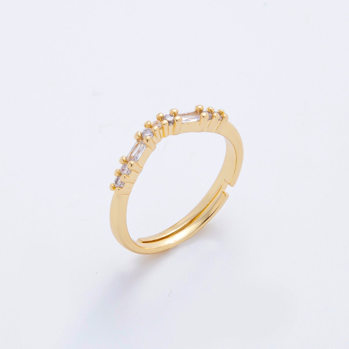 18K Gold Filled Dainty Clear, Pink Baguette Lined CZ Cluster Curved Adjustable Ring | O-2189