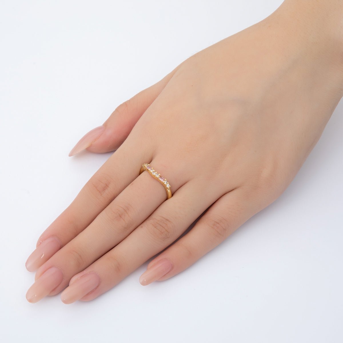 18K Gold Filled Dainty Clear, Pink Baguette Lined CZ Cluster Curved Adjustable Ring | O-2189