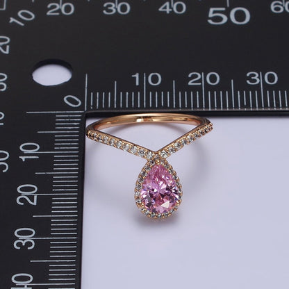 18K Gold Filled Pink Teardrop CZ Micro Paved Chevron Adjustable Ring | R-144
