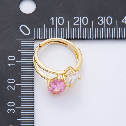 18K Gold Filled Clear, Pink Double Teardrop Solitaire Double Band Ring | O02241