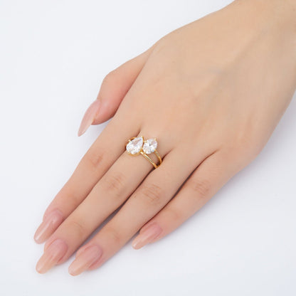 18K Gold Filled Clear, Pink Double Teardrop Solitaire Double Band Ring | O02241