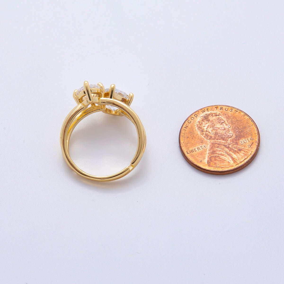 18K Gold Filled Clear, Pink Double Teardrop Solitaire Double Band Ring | O02241