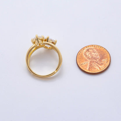 18K Gold Filled Clear, Pink Double Teardrop Solitaire Double Band Ring | O02241