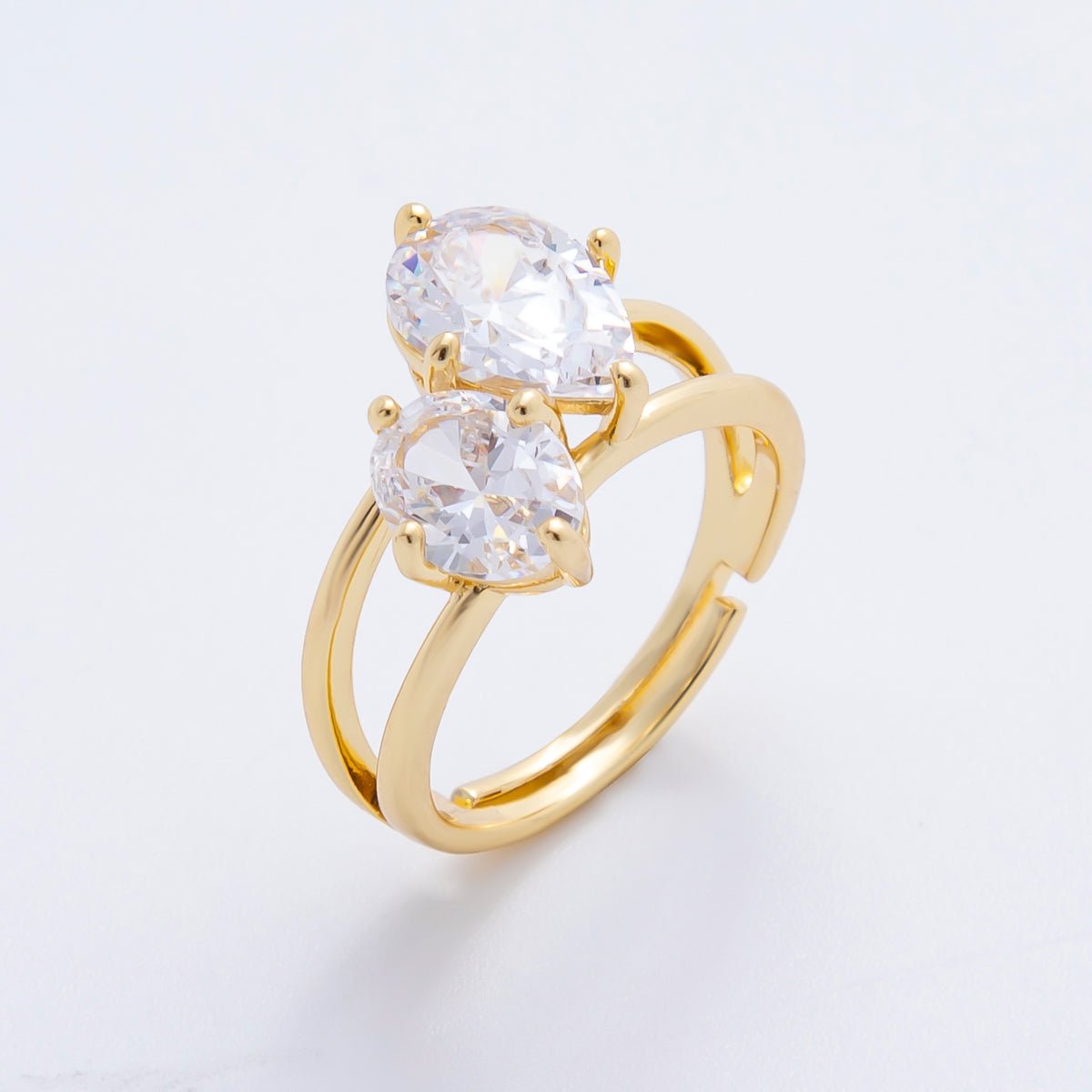 18K Gold Filled Clear, Pink Double Teardrop Solitaire Double Band Ring | O02241