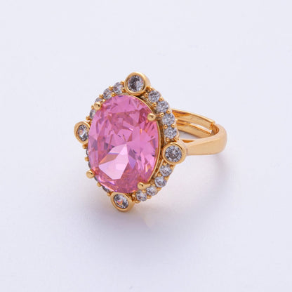 18K Gold Filled Pink, White Micro Paved CZ Oval Geometric Adjustable Ring | O807
