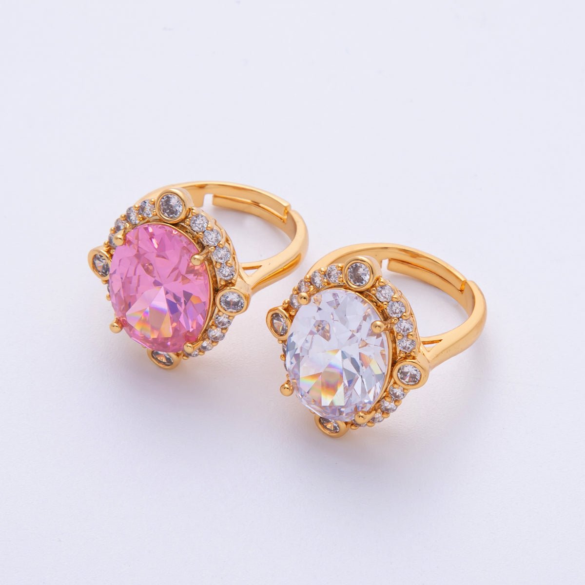 18K Gold Filled Pink, White Micro Paved CZ Oval Geometric Adjustable Ring | O807