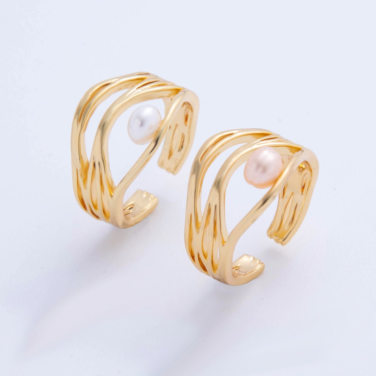 18K Gold Filled Pink, White Shell Pearl Multiple Band Crossed Ring | O2024 O2025