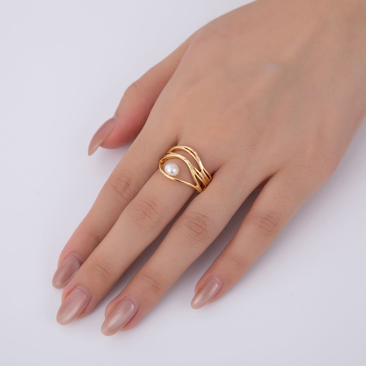 18K Gold Filled Pink, White Shell Pearl Multiple Band Crossed Ring | O2024 O2025