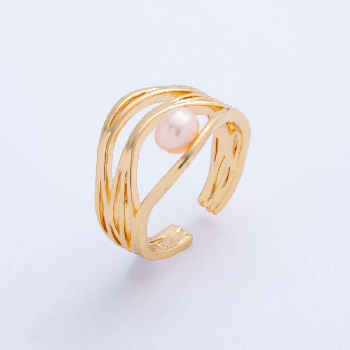18K Gold Filled Pink, White Shell Pearl Multiple Band Crossed Ring | O2024 O2025