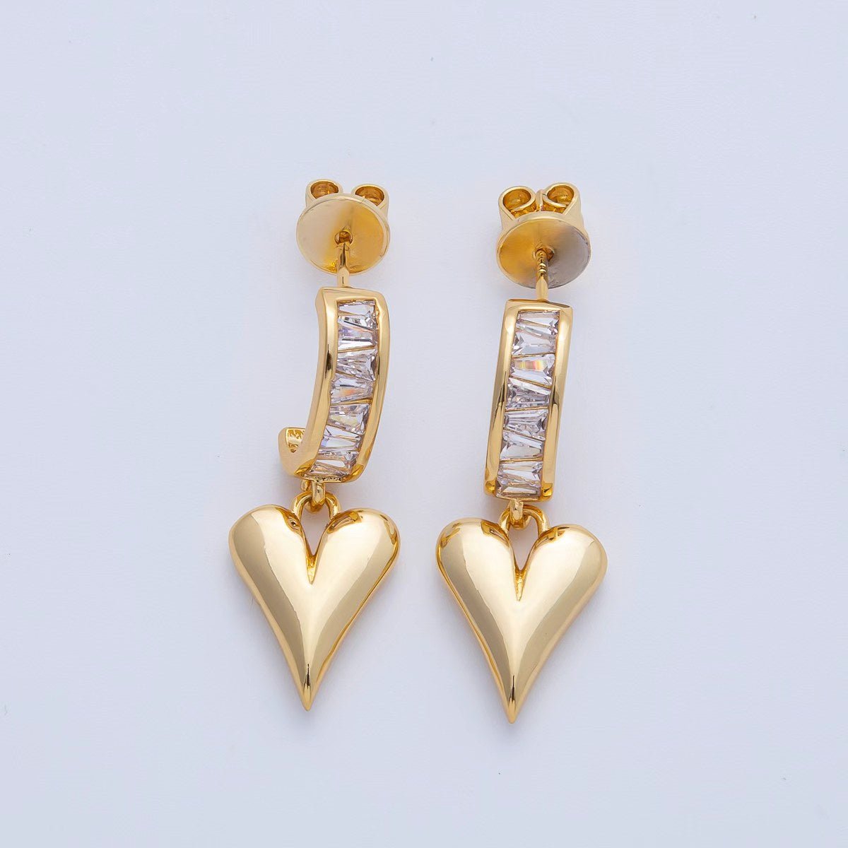 18K Gold Filled Puffy Heart Baguette CZ Drop C-Shaped Hoop Earrings | Q195