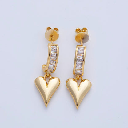 18K Gold Filled Puffy Heart Baguette CZ Drop C-Shaped Hoop Earrings | Q195