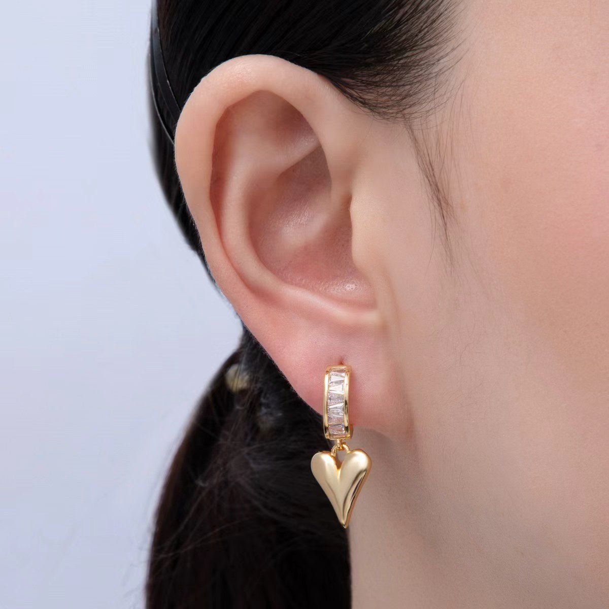 18K Gold Filled Puffy Heart Baguette CZ Drop C-Shaped Hoop Earrings | Q195