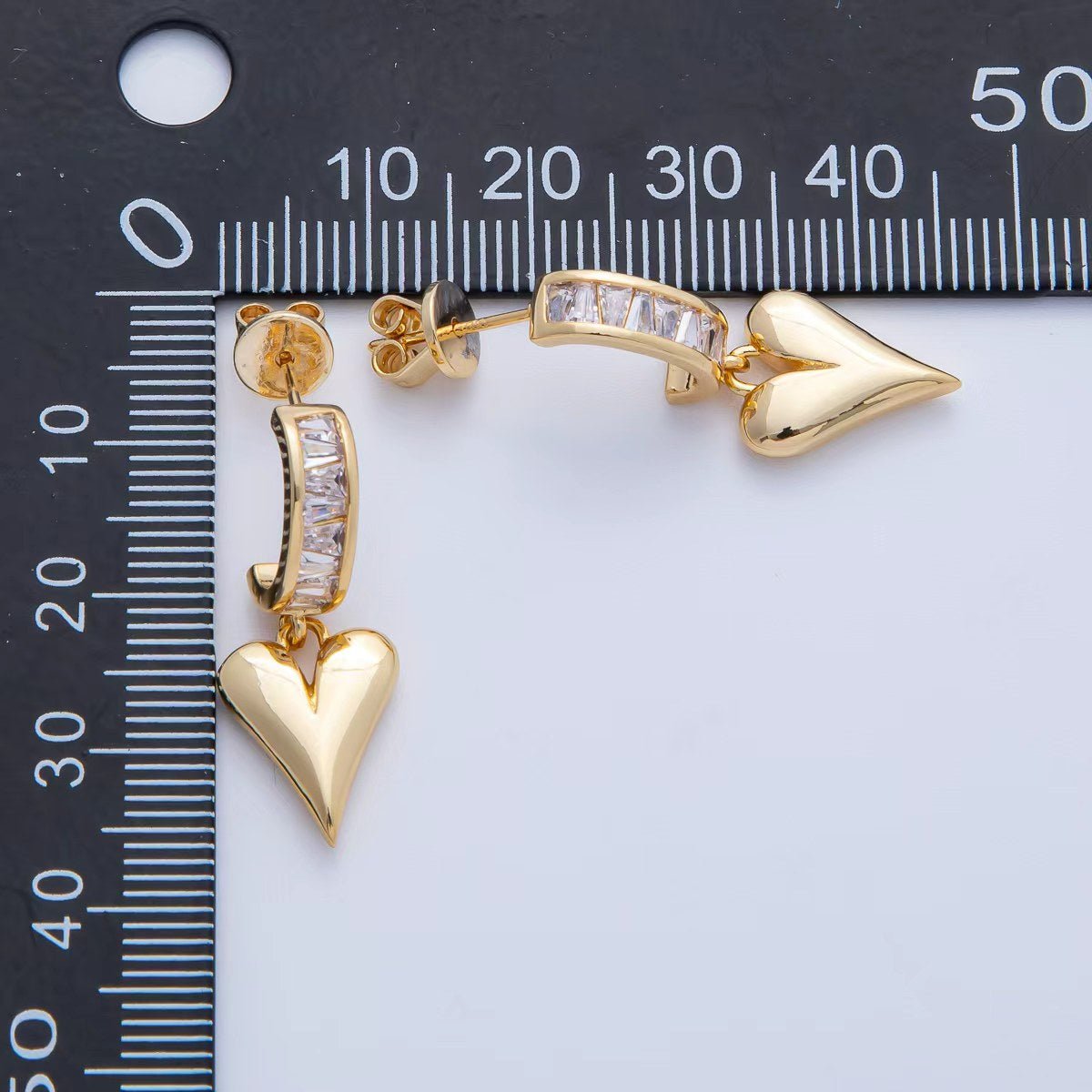 18K Gold Filled Puffy Heart Baguette CZ Drop C-Shaped Hoop Earrings | Q195