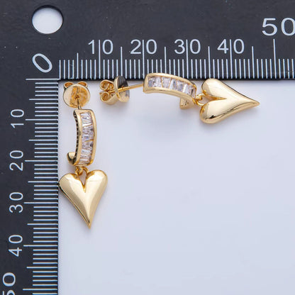 18K Gold Filled Puffy Heart Baguette CZ Drop C-Shaped Hoop Earrings | Q195