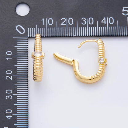 18K Gold Filled Rectangular CZ Ribbed Row Hinged Hoops Earrings | AJ219